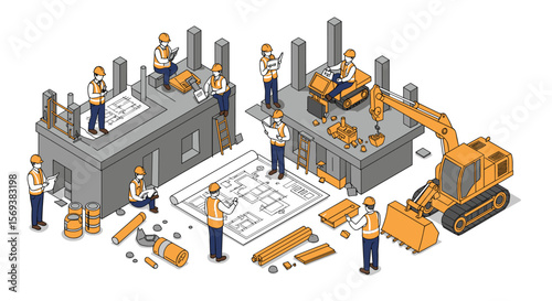 Construction site teamwork and machinery in isometric vector illustration for engineering design