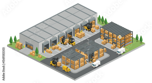 Isometric warehouse logistics with delivery trucks and forklifts vector illustration