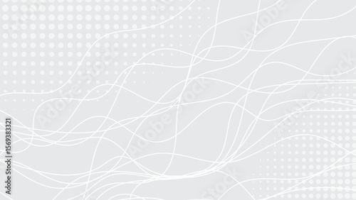 A light gray background featuring fluid, abstract white wavy lines interwoven with subtle halftone dot patterns, creating a modern, organic, and minimalist design.

