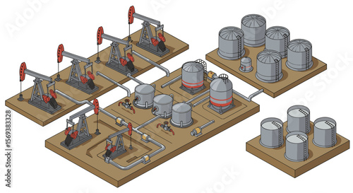 Isometric industrial oil refinery vector illustration for engineering and design projects
