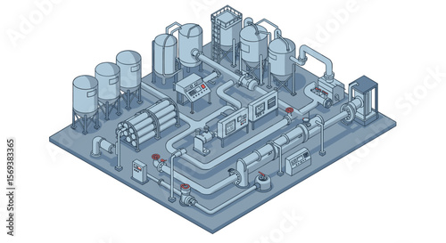 Industrial plant isometric vector illustration for engineering and manufacturing design