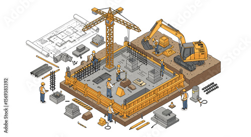 Construction site isometric vector illustration for engineering and architecture design