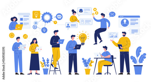 Teamwork and collaboration in modern office - flat vector illustration for design projects