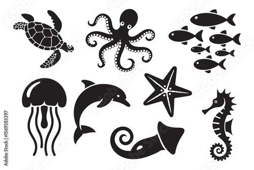Set of marine animals black silhouette in cartoon style, cute sea animals isolated on white background, sea fish desing alements for poster, card, printing characters.