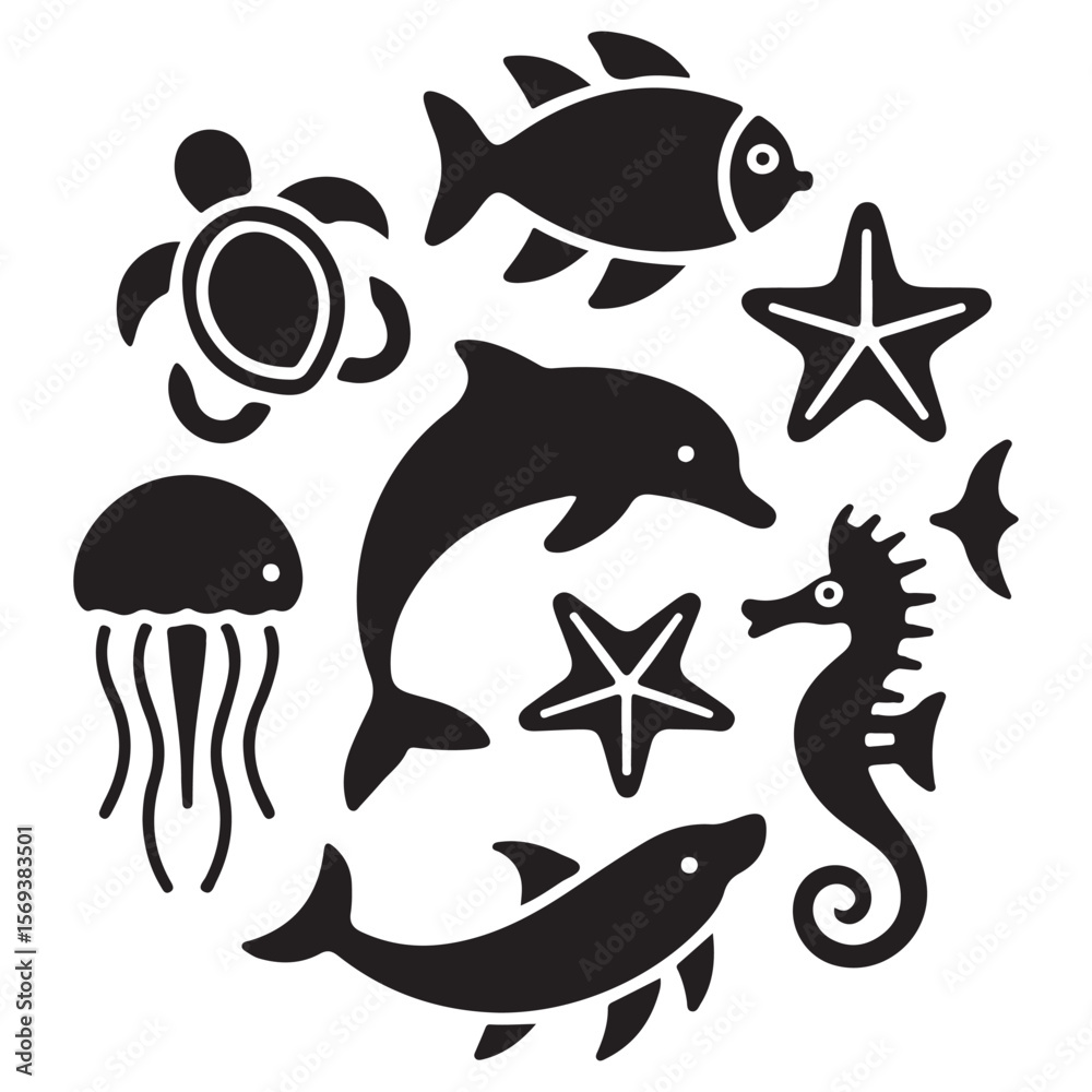 Naklejka premium Set of marine animals black silhouette in cartoon style, cute sea animals isolated on white background, sea fish desing alements for poster, card, printing characters.