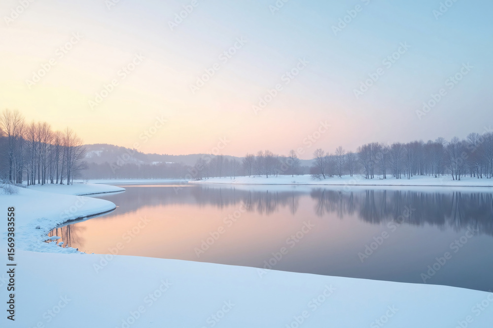Fototapeta premium Sunset Over Calm Snowy Lake with Silhouetted Trees
