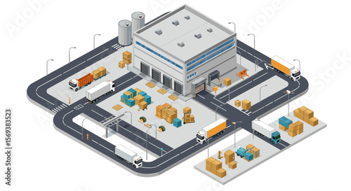Isometric warehouse distribution center with trucks and cargo vector illustration for logistics design