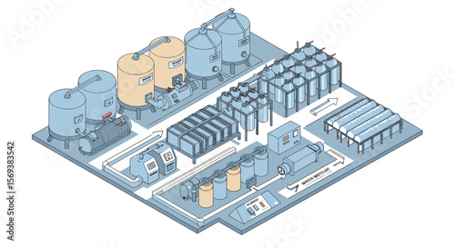 Isometric vector illustration of water treatment facility layout for engineering and design projects