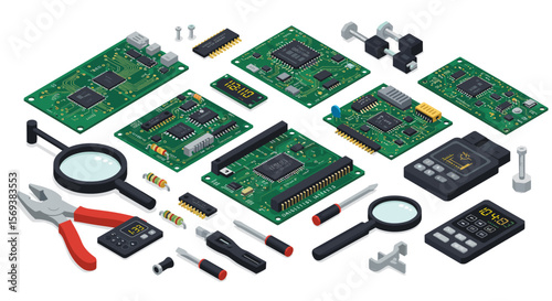 Isometric electronic components vector illustration for tech design and posters