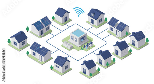 Smart home network vector illustration - isometric design featuring solar-powered connected houses for renewable energy concepts