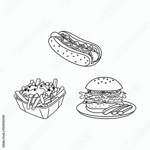Burger Hot Dog and Fries Outline Food Set Vector Illustration