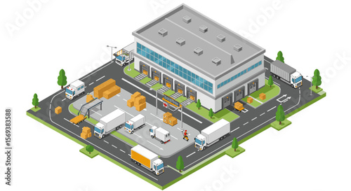 Isometric vector illustration of modern warehouse and distribution center for logistics and supply chain management