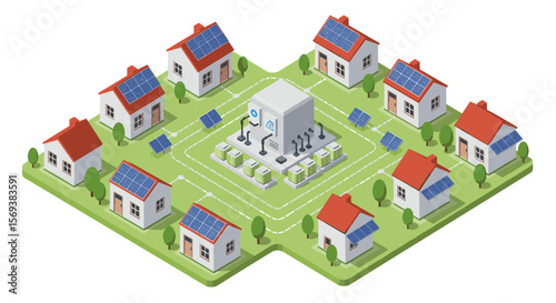 Sustainable energy community design: isometric vector illustration with solar panels and smart grid for eco-friendly concepts