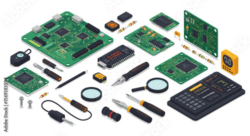 Isometric vector illustration of electronic components and tools for circuit design and repair