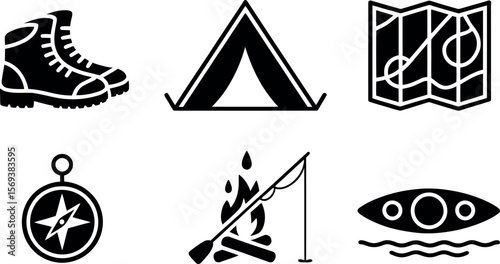 Vector Camping Adventure Icons: Boots, Tent, Map, Compass, Fire, Kayak