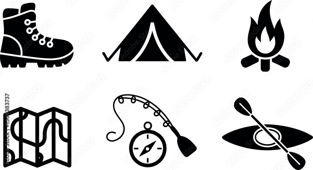 Fototapeta premium Vector camping icons: tent, boot, map, fire, kayak, compass