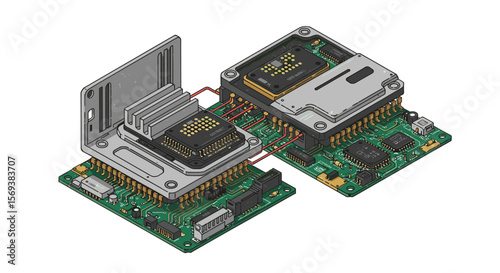 Isometric vector illustration of computer circuit boards for tech design