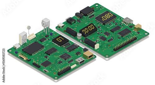 Isometric vector illustration of circuit boards with digital displays for electronic design concepts