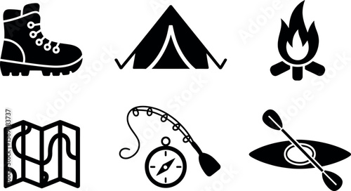 Vector camping icons: tent, boot, map, fire, kayak, compass