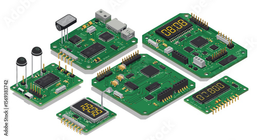 Isometric vector illustration of electronic circuit boards for technology design