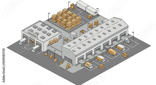 Isometric warehouse and logistics center vector illustration for supply chain design