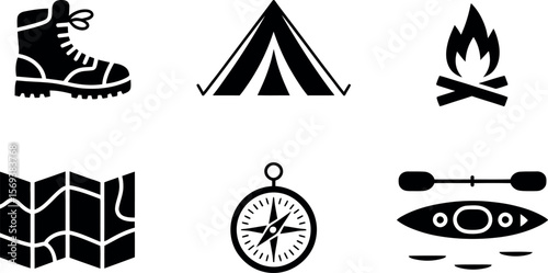 Vector Camping Adventure Icons:  Black Silhouette Style