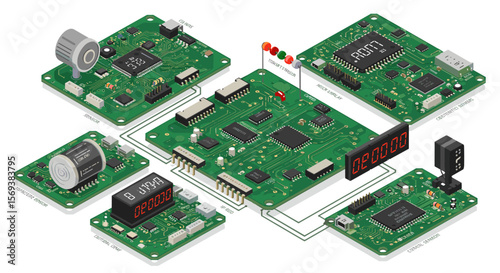 Isometric vector illustration of electronic circuit boards with components for technology design