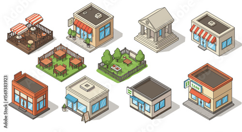 Isometric vector illustration of small modular shops and public buildings for urban design
