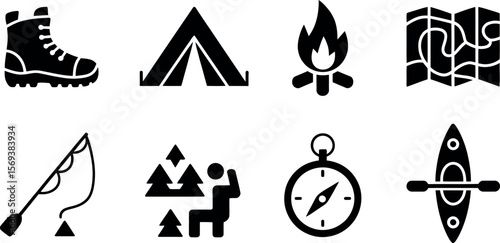 Vector illustration: Camping adventure icons, minimalist black style