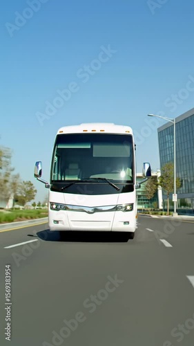 A majestic, ultra-modern, transparent corporate coach bus with sleek lines glides on a wide highway, surrounded by minimalist glass and steel architecture under a clear sky. Photorealistic video