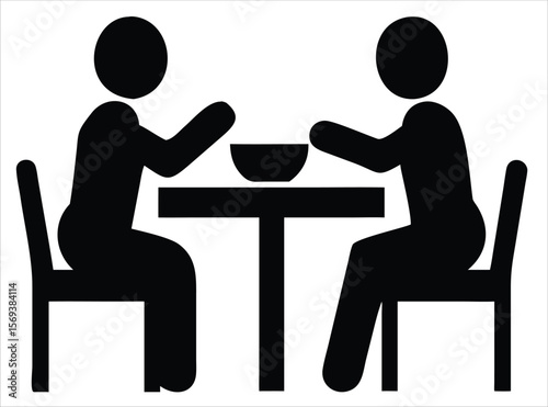 Two silhouetted people sitting at a table eating from a bowl—a representation of a meal shared between two individuals. Ideal for use in hospitality branding, restaurant signage, dining reservation ap