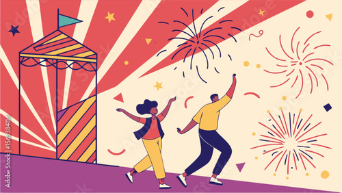 Celebration carnival party fireworks happy people festive event fun fairground illustration vector design