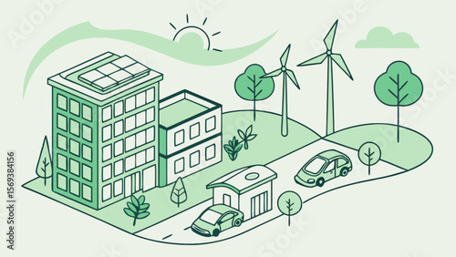 Green energy city illustration showcasing sustainable living with solar panels and wind turbines design concept