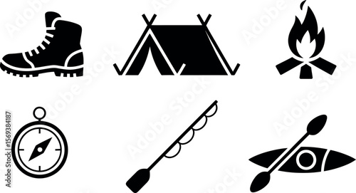 Vector Camping Icons: Boots, Tent, Fire, Compass, Kayak, Fishing Rod