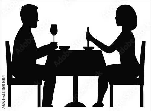 Silhouette of a man and a woman sitting at a table enjoying a meal and drinks, symbolizing a romantic dinner or social gathering. Ideal for use in hospitality branding, restaurant signage