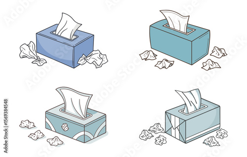 A set of blue tissue box with tissues coming out and crumpled tissues around it	