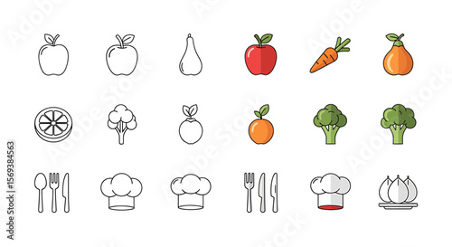 Food and Cooking Icon Set Outline and Color