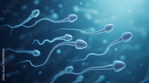 A vivid representation of sperm cells swimming in a fluid, showcasing human reproduction and biology with a blue color palette.
