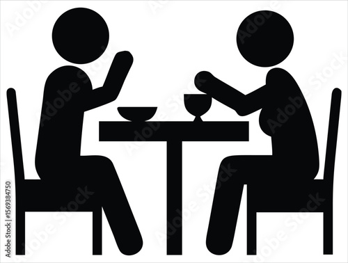 Two silhouetted people sitting at a table eating and drinking, representing dining or a meal together. Ideal for use in hospitality branding, restaurant signage, dining reservation apps, food delivery