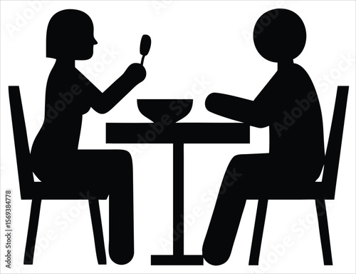 A man and a woman sit at a table eating a meal together, depicted as a simple silhouette illustration. Ideal for use in hospitality branding, restaurant signage, dining reservation apps, food delivery