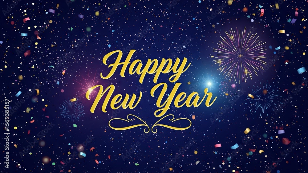Fototapeta premium Festive Happy New Year banner illuminated by vibrant fireworks bursting in the night sky, radiating joy, celebration, and hope, perfectly capturing the excitement of welcoming a bright new beginning