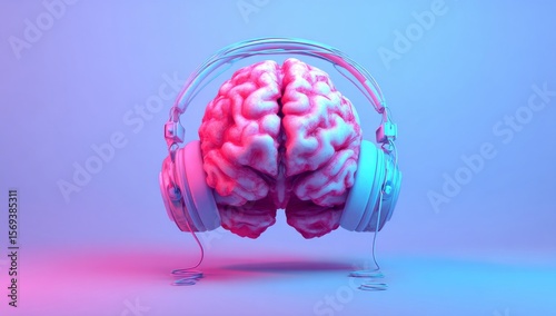 3d illustration of a brain wearing headphones. a headphone with a brain on it. a glass vase filled with pink frosting