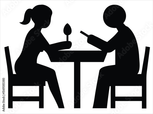 A silhouetted man and a woman are sitting at a table engaged in conversation or dining. Ideal for use in hospitality branding, restaurant signage, dining reservation apps, food delivery services