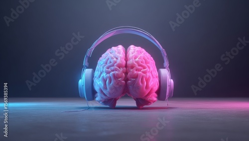 3d rendering of a brain with headphones. a pink brain with headphones on it. a pink stuffed animal is on a table