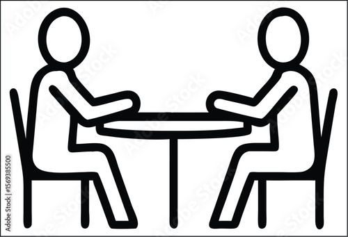 Two stick figures sitting at a table facing each other, representing a meeting conversation or collaboration. Ideal for use in hospitality branding, restaurant signage, dining reservation apps