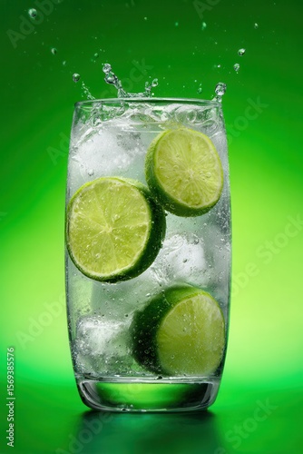a glass with lime slices and ice cubes on a green background, commercial photography