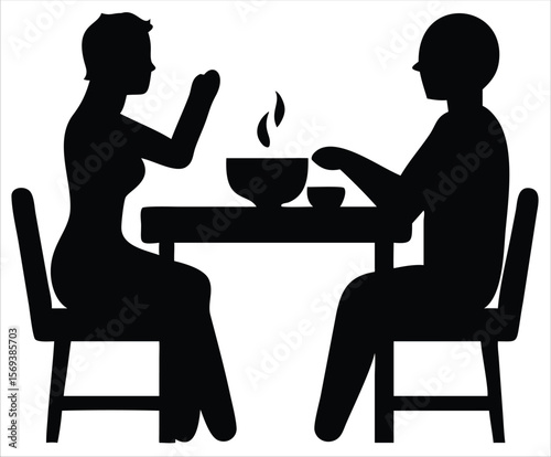 Two people's silhouettes sitting at a table eating a meal, with steam rising from a bowl in the center of the table, representing a shared dining experience. Ideal for use in hospitality branding