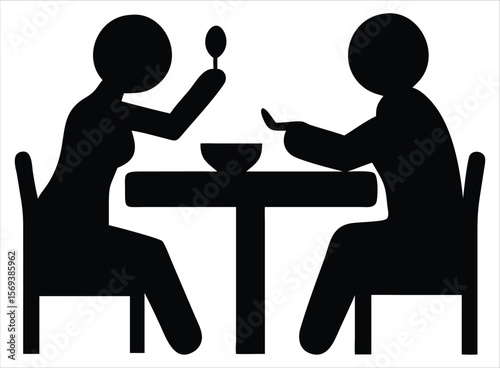 Two people sitting at a table eating from bowls with spoons, representing a meal or dining experience in a simple silhouette style. Ideal for use in hospitality branding, restaurant signage