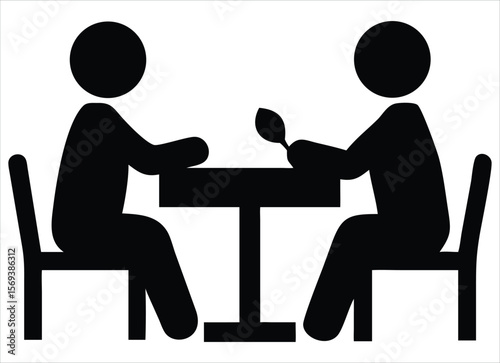 Two simple silhouetted figures seated at a table, representing dining or a meal together. Ideal for use in hospitality branding, restaurant signage, dining reservation apps, food delivery services