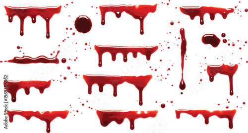 Blood splatter vector set, red liquid drips, horror stains, realistic blood drops, isolated gore effect, dripping shapes, Halloween design elements